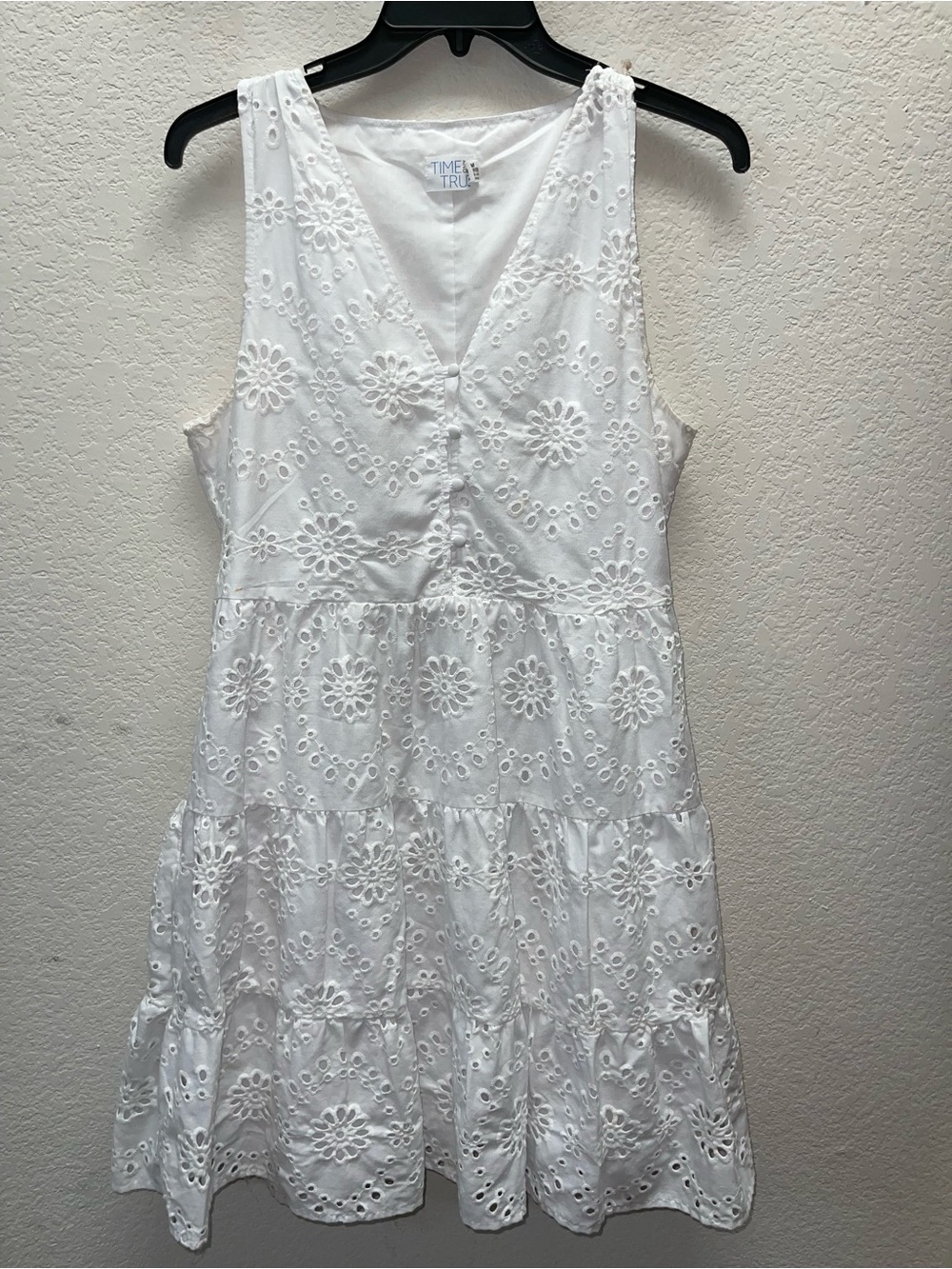 Time and Tru White Embroidered Eyelet Tiered V-Neck Dress